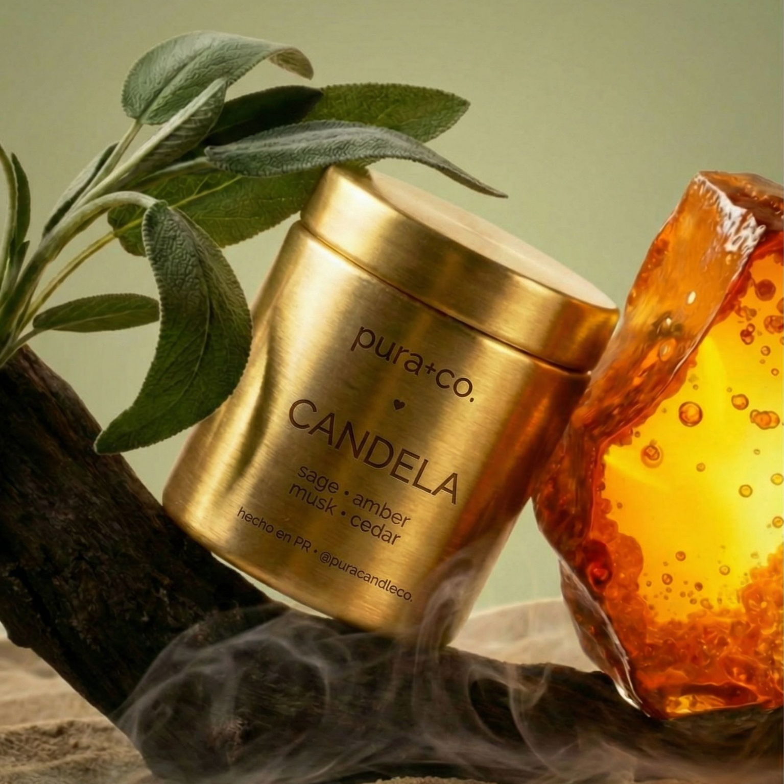 Candela 10oz Candle | Pura+Co | Vela Artesanal | Coco-apricot wax | Cera Natural | Vegan | Natural Candle | Clean Candle |  Amber & Sage | Handmade Skin Care | Puerto Rico