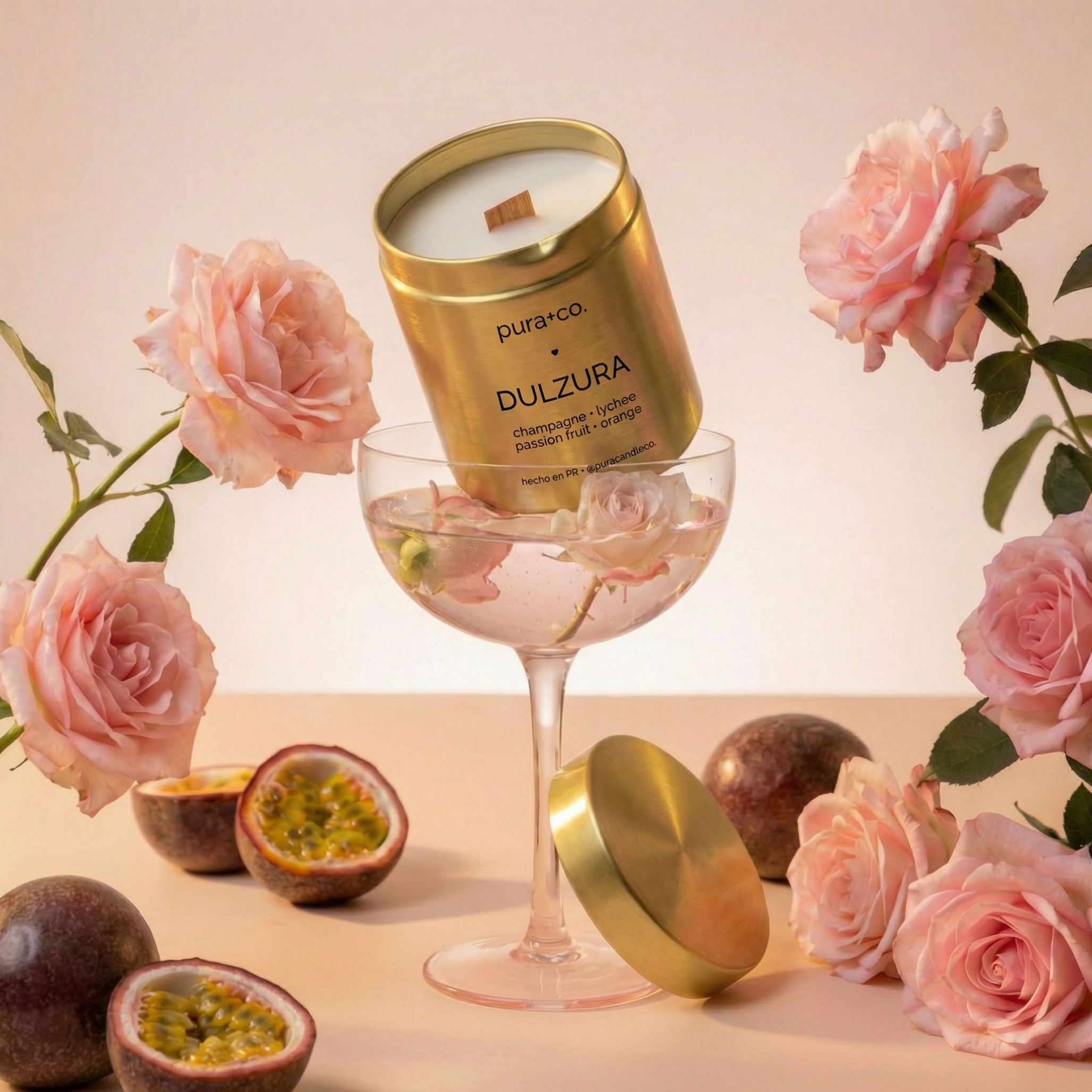 Dulzura 10oz Candle | Pura+Co | Vela Artesanal | Coco-apricot wax | Cera Natural | Vegan | Natural Candle | Clean Candle |  Champagne, Passionfruit and Rose Scent | Handmade Skin Care | Puerto Rico