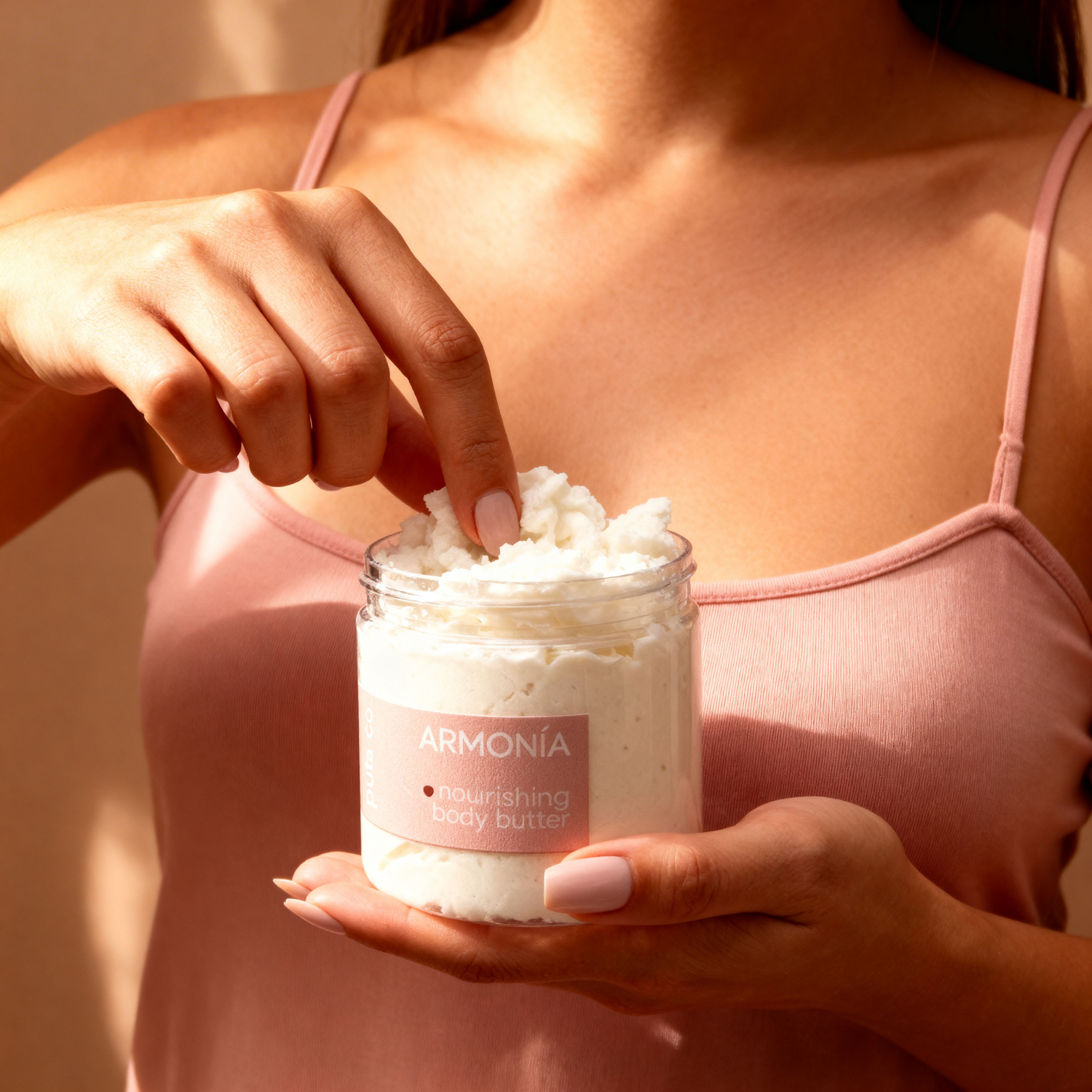 Pura+Co | The Armonia body butter jar with the cap opened the white marshmallowy texture is spotlighted |  Grapefruit Mint Scent | Handmade Skin Care | Puerto Rico