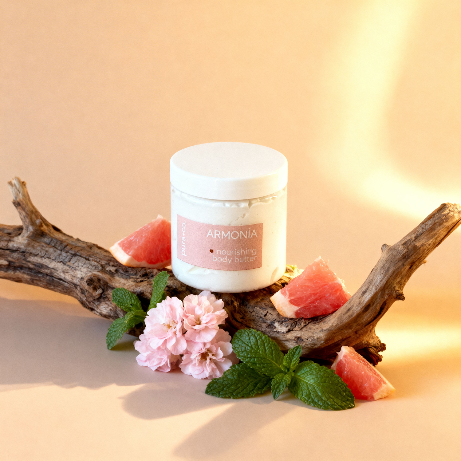Pura+Co | The Armonia body butter jar sits on a branch |  Grapefruit Mint Scent | Handmade Skin Care | Puerto Rico