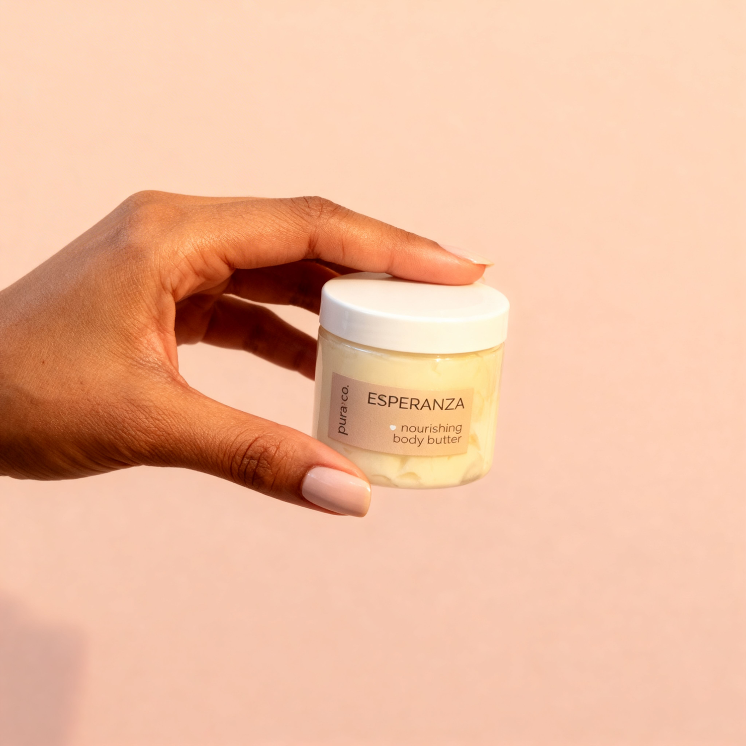 Pura+Co | Hand showing the Esperanza Body butter jar |  White Tea and Eucalyptus Scent | Handmade Skin Care | Puerto Rico