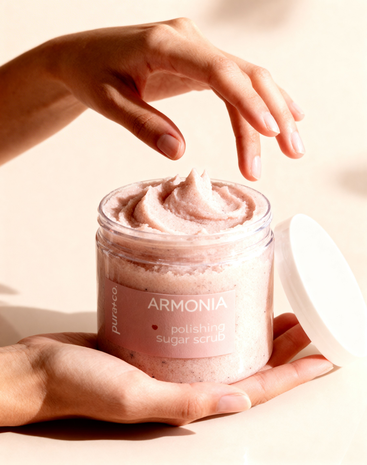 Pura+Co | Hands reach in the Armonia Sugar Scrub jar | Exfoliante Natural |  Grapefruit Mints Scent | Handmade Skin Care | Puerto Rico