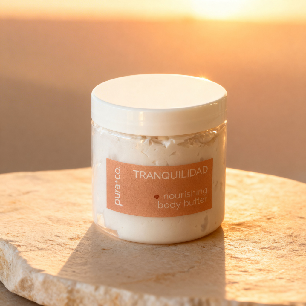 Pura+Co | The Tranquilidad body butter jar sits on a stone surface | Lavender and Vanilla Scent | Handmade Skin Care | Puerto Rico