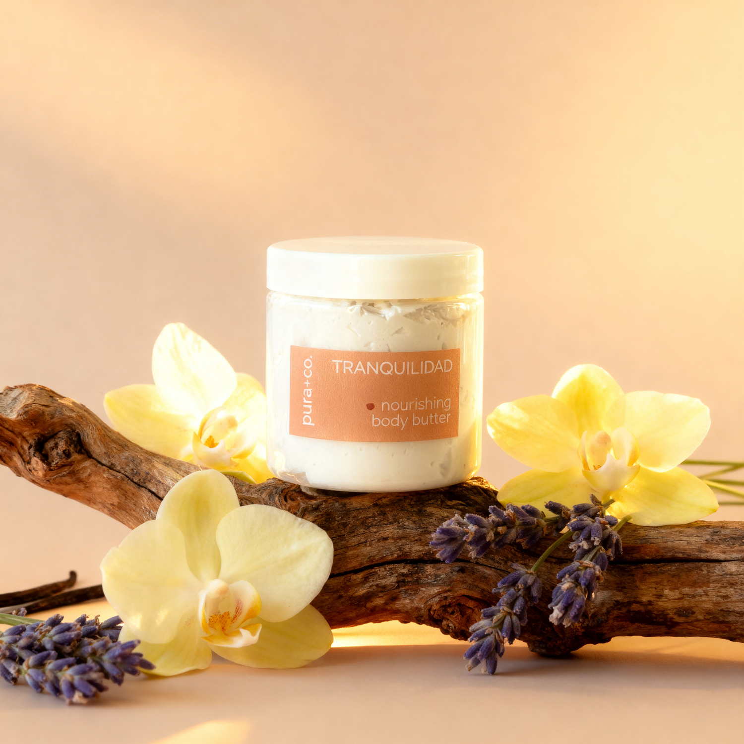 Pura+Co | The Tranquilidad body butter jar sits on a branch | Lavender Vanilla Scent | Handmade Skin Care | Puerto Rico