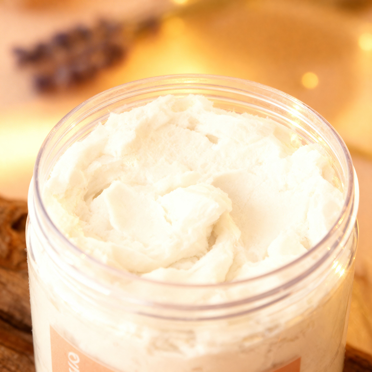 Pura+Co | The Tranquilidad body butter jar  with the cap opened the white marshmallowy texture is spotlighted | Lavender Vanilla Scent | Handmade Skin Care | Puerto Rico