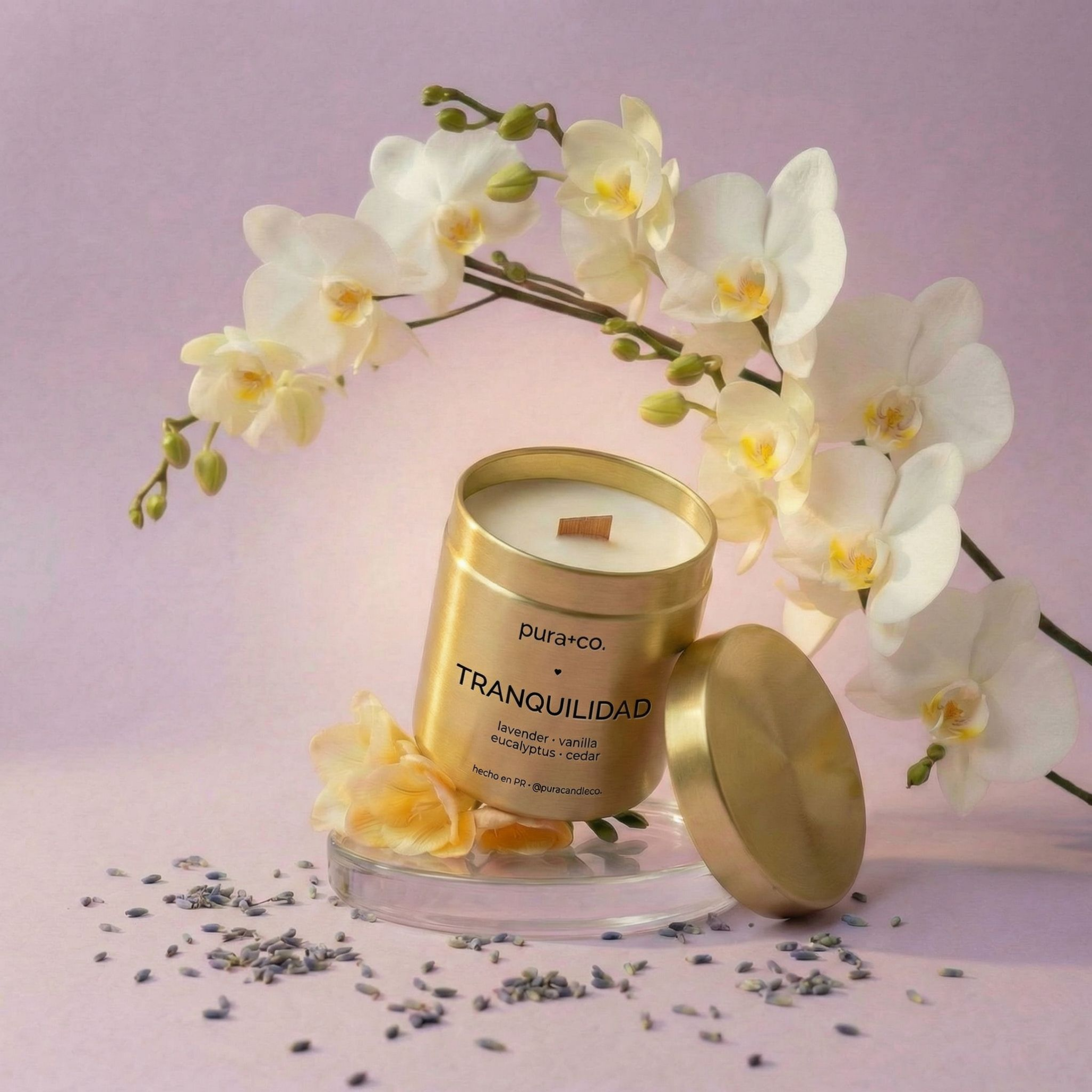 Tranquilidad 10oz Candle | Pura+Co | Vela Artesanal | Coco-apricot wax | Cera Natural | Vegan | Natural Candle | Clean Candle |  Lavender Vanilla Scent | Handmade Skin Care | Puerto Rico