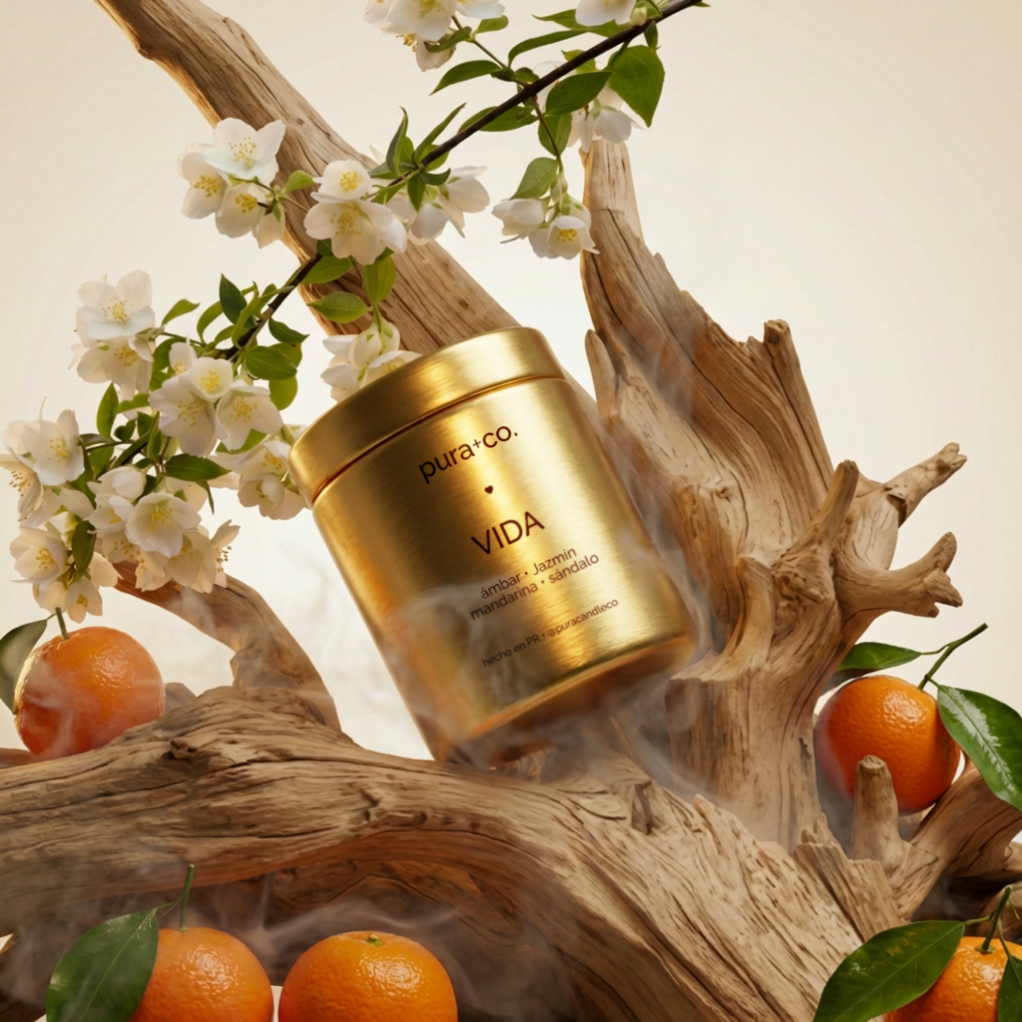 Vida 10oz Gold Candle Jar | Pura+Co | Surrounded by the main ingredients amber, jasmine, sandalwood and mandarin | Vela Artesanal | Coco-apricot wax | Cera Natural | Vegan | Natural Candle | Clean Candle | Handmade Skin Care | Puerto Rico